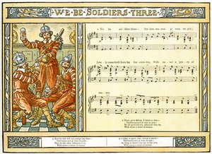 「We Be Soldiers Three」、「Pan-Pipes」の歌のイラスト、古歌の本、新しくアレンジされ、Theoの伴奏付き。 Marzials、George Routledge und Sons、1884年にロンドンで発行（カラー 作： Walter Crane